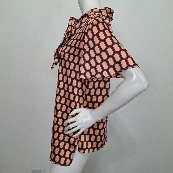 Zara Preppy Geometric Print Silky Business Casual High Neck Bow Tie Blouse Sz.S - Picture 9 of 10